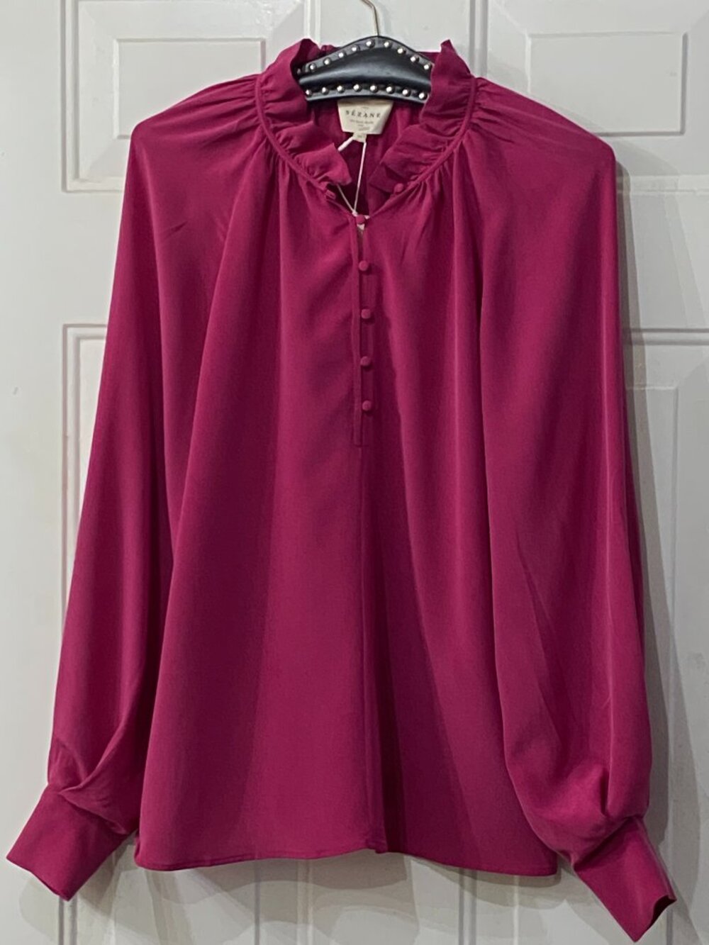 NWT Sezane Loubna Silk Blouse Popover Ruffle Neck Long Sleeve Sz FR 38 US 6